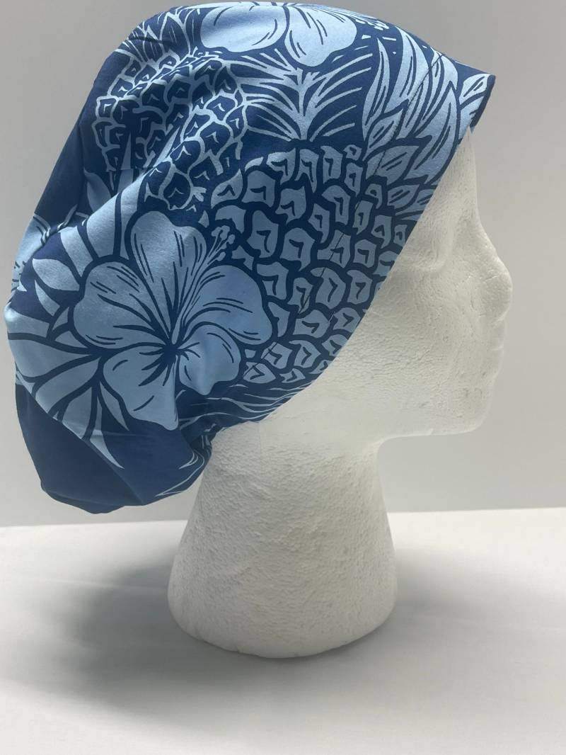 Euro Nurses Cap Hawaiian Print Marineblau Mit Hellblauem Hibiskus Und Ananas Mütze/Scrub Bonnet Einheitsgröße von Etsy - BDineCreations