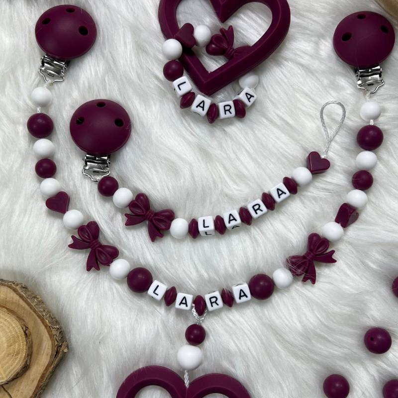 Set L | Greifling, Schnullerkette, Kinderwagenkette, Design Dark Red | Personalisiert Unikat Handgefertigt Geschenk von Etsy - BabyKettchen