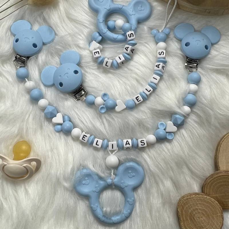 Set L | Greifling, Schnullerkette, Kinderwagenkette, Design Himmelblau | Personalisiert Unikat Handgefertigt Geschenk von Etsy - BabyKettchen