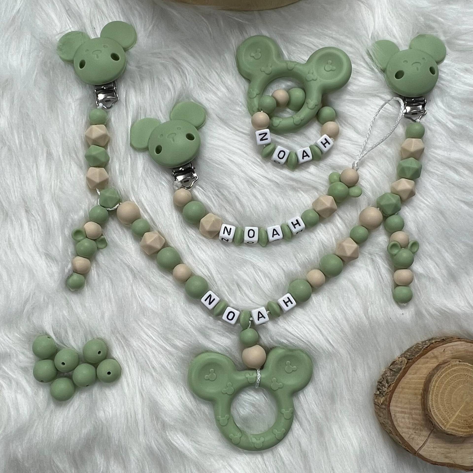 Set L | Greifling, Schnullerkette, Kinderwagenkette, Design Matcha | Personalisiert Unikat Handgefertigt Geschenk von Etsy - BabyKettchen