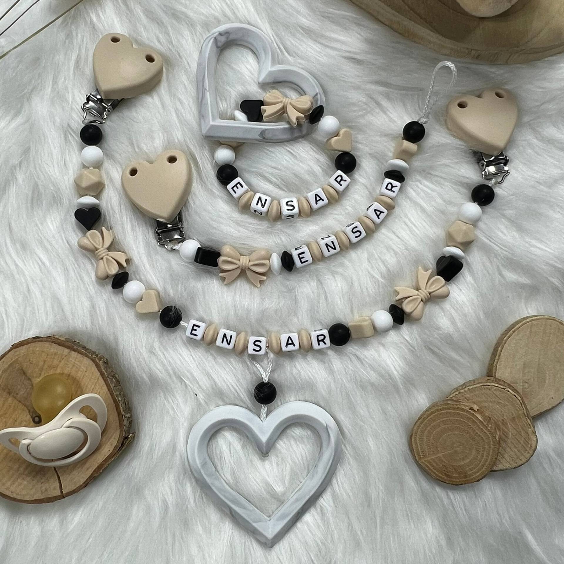 Set L | Greifling, Schnullerkette, Kinderwagenkette, Design Sweet Beige | Personalisiert Unikat Handgefertigt Geschenk von Etsy - BabyKettchen