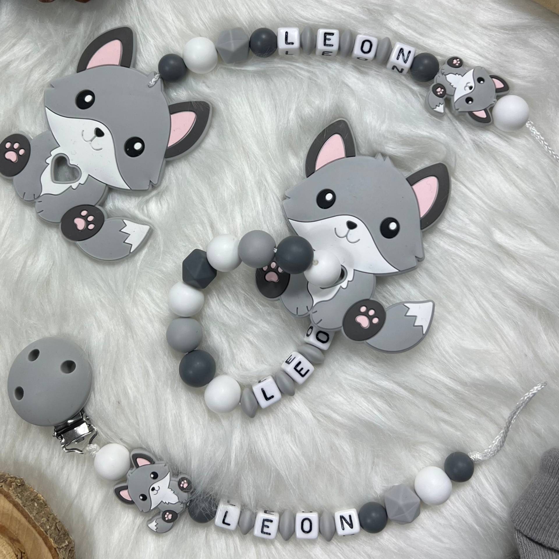 Set L | Greifling, Schnullerkette, Maxi-Cosi-Kette, Design Fuchs | Personalisiert Unikat Handgefertigt Geschenk von Etsy - BabyKettchen