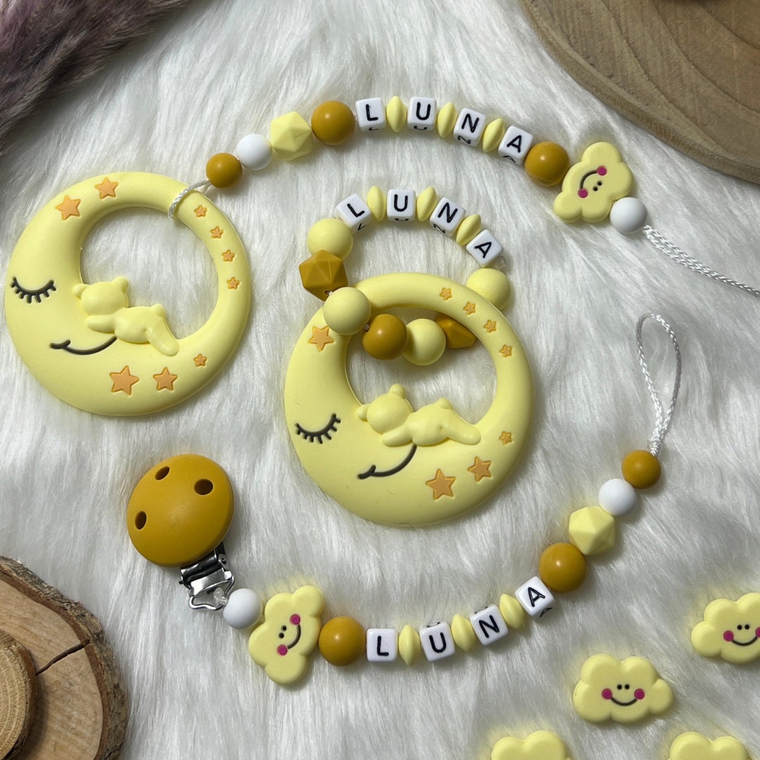 Set L | Greifling, Schnullerkette, Maxi-Cosi-Kette, Design Mond | Personalisiert Unikat Handgefertigt Geschenk von Etsy - BabyKettchen