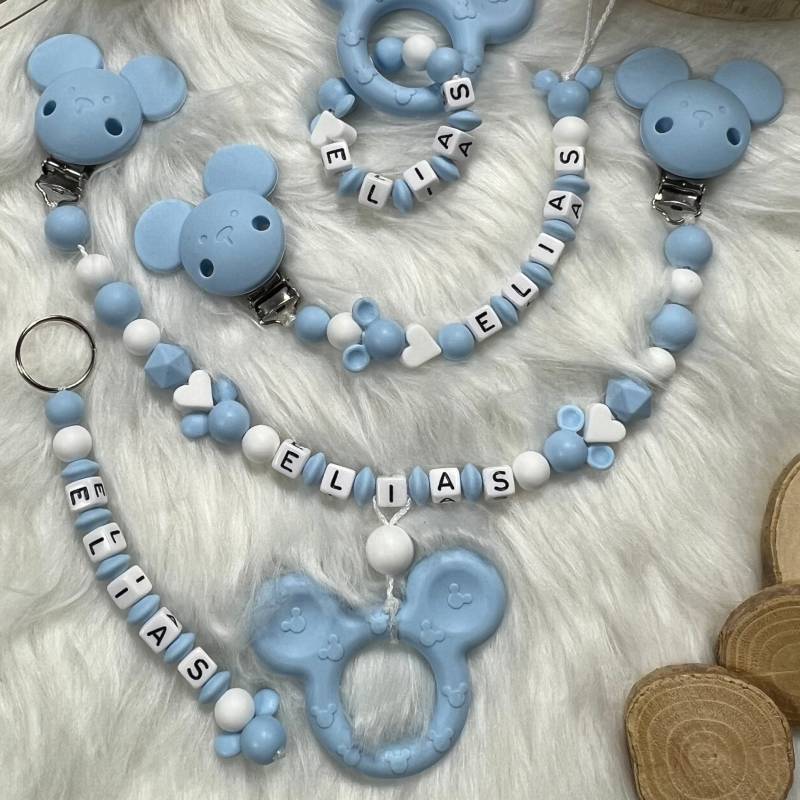 Set Xl | Schlüsselanhänger, Greifling, Schnullerkette, Kinderwagenkette, Design Himmelblau | Personalisiert Handgefertigt Geschenk von Etsy - BabyKettchen