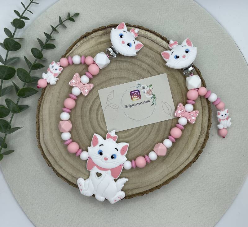 Kinderwagenkette, Katze, Weiße Marie, Schnullerkette von Etsy - Babyperlenparadies