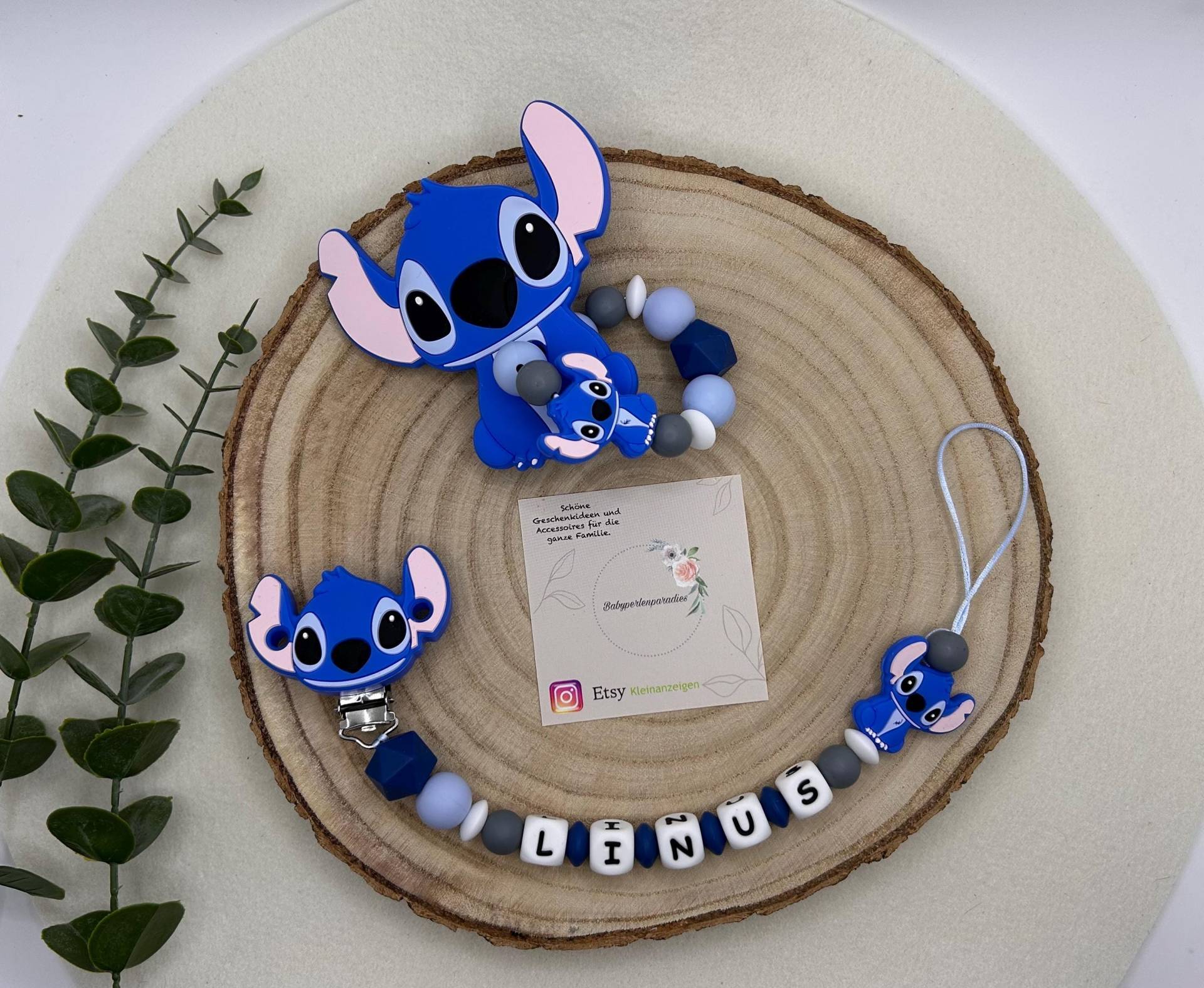 Schnullerkette Personalisiert, Greifling, Set, Stitch, Blau von Etsy - Babyperlenparadies