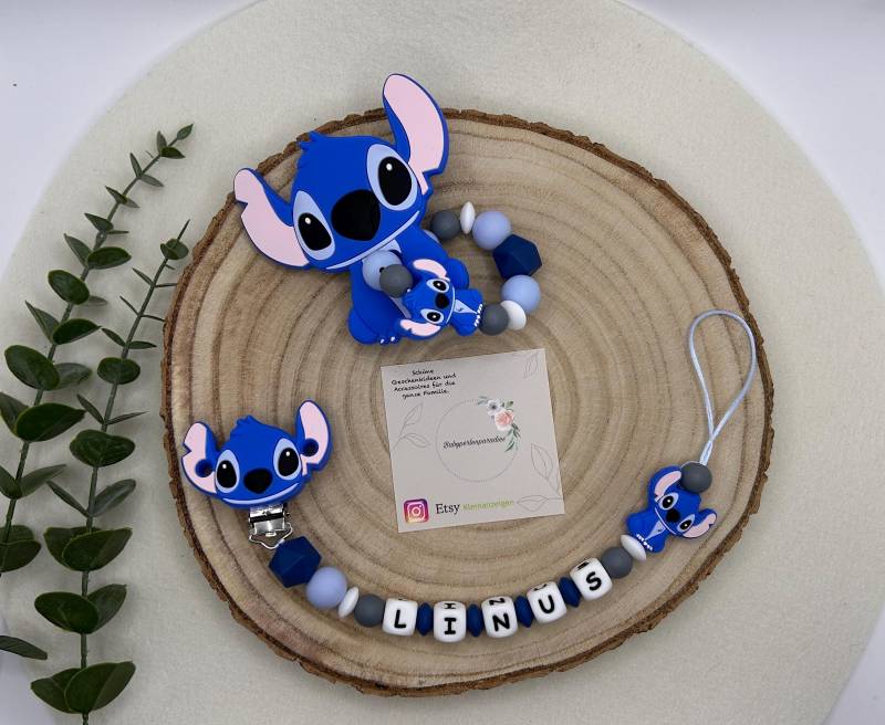 Schnullerkette, Greifling, Set, Stitch, Blau von Etsy - Babyperlenparadies