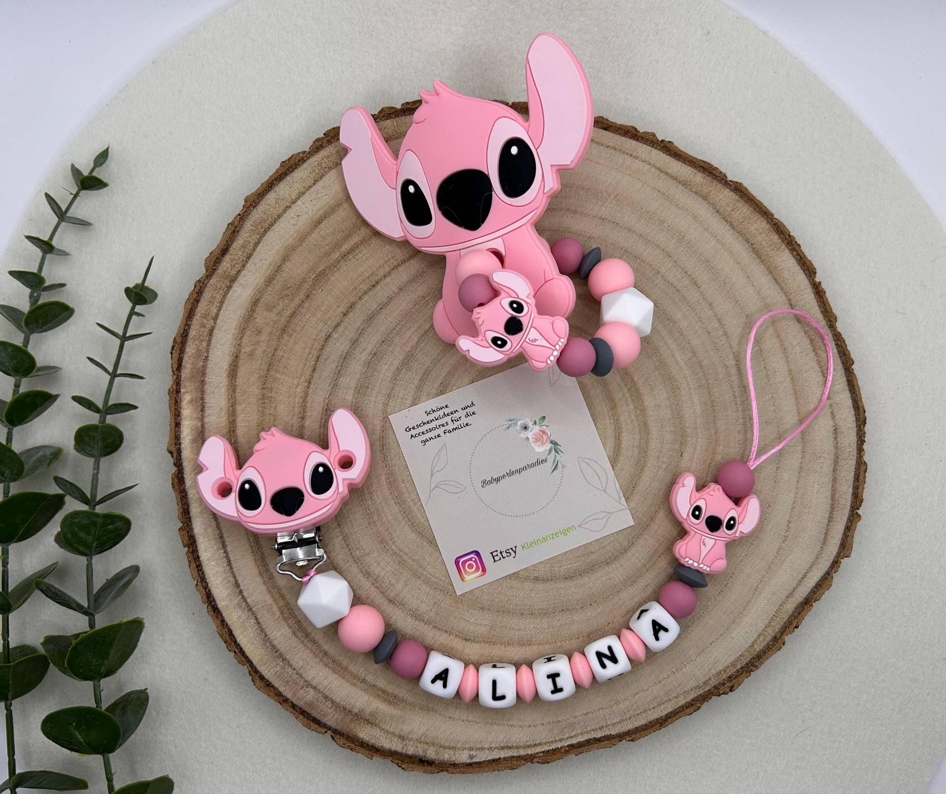 Schnullerkette Personalisiert, Greifling, Set, Stitch, Rosa von Etsy - Babyperlenparadies