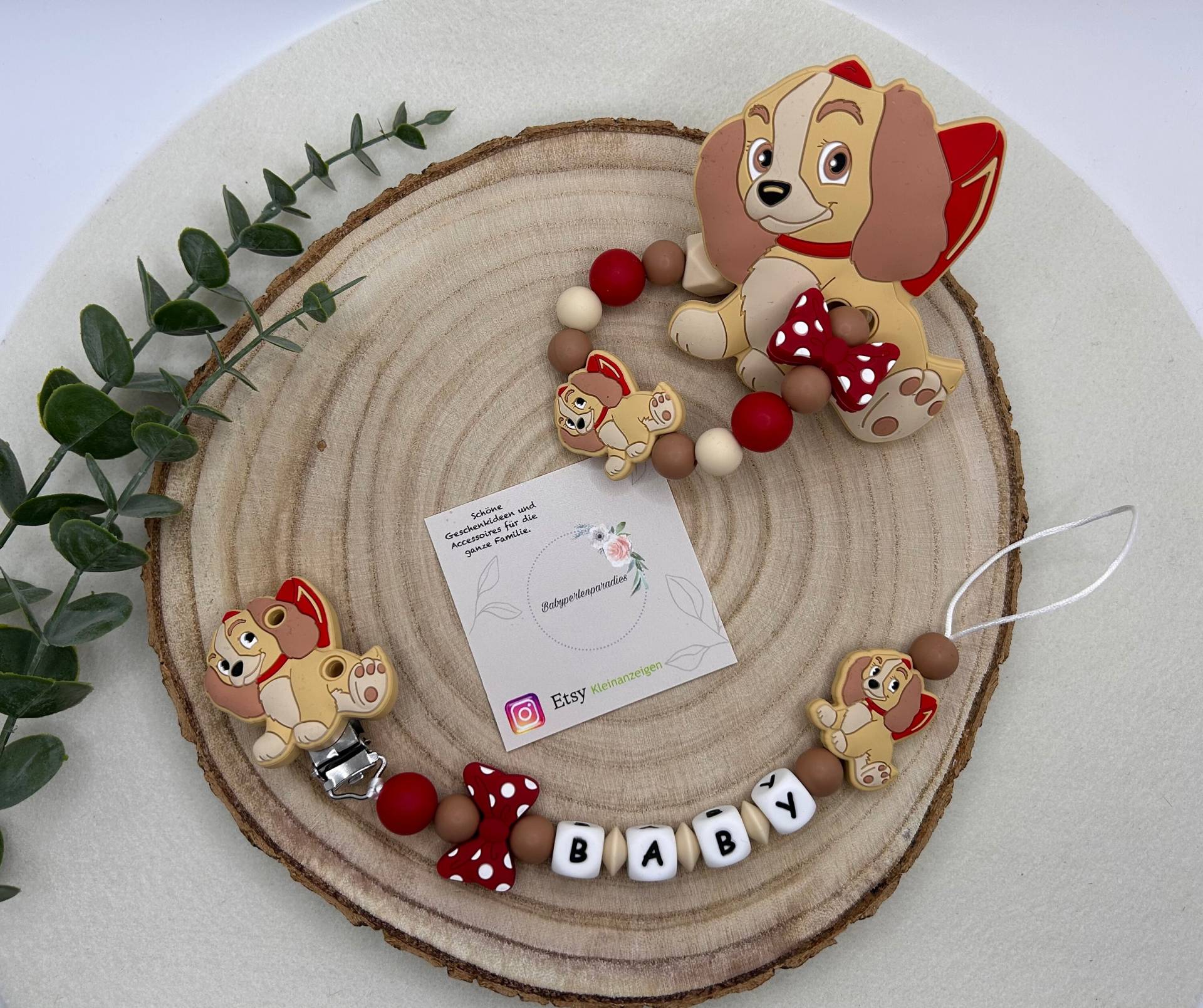 Schnullerketten Set, Hund, Hunde Dame, Susi, Hund Mit Schleife, Schnullerkette, Greifring von Etsy - Babyperlenparadies