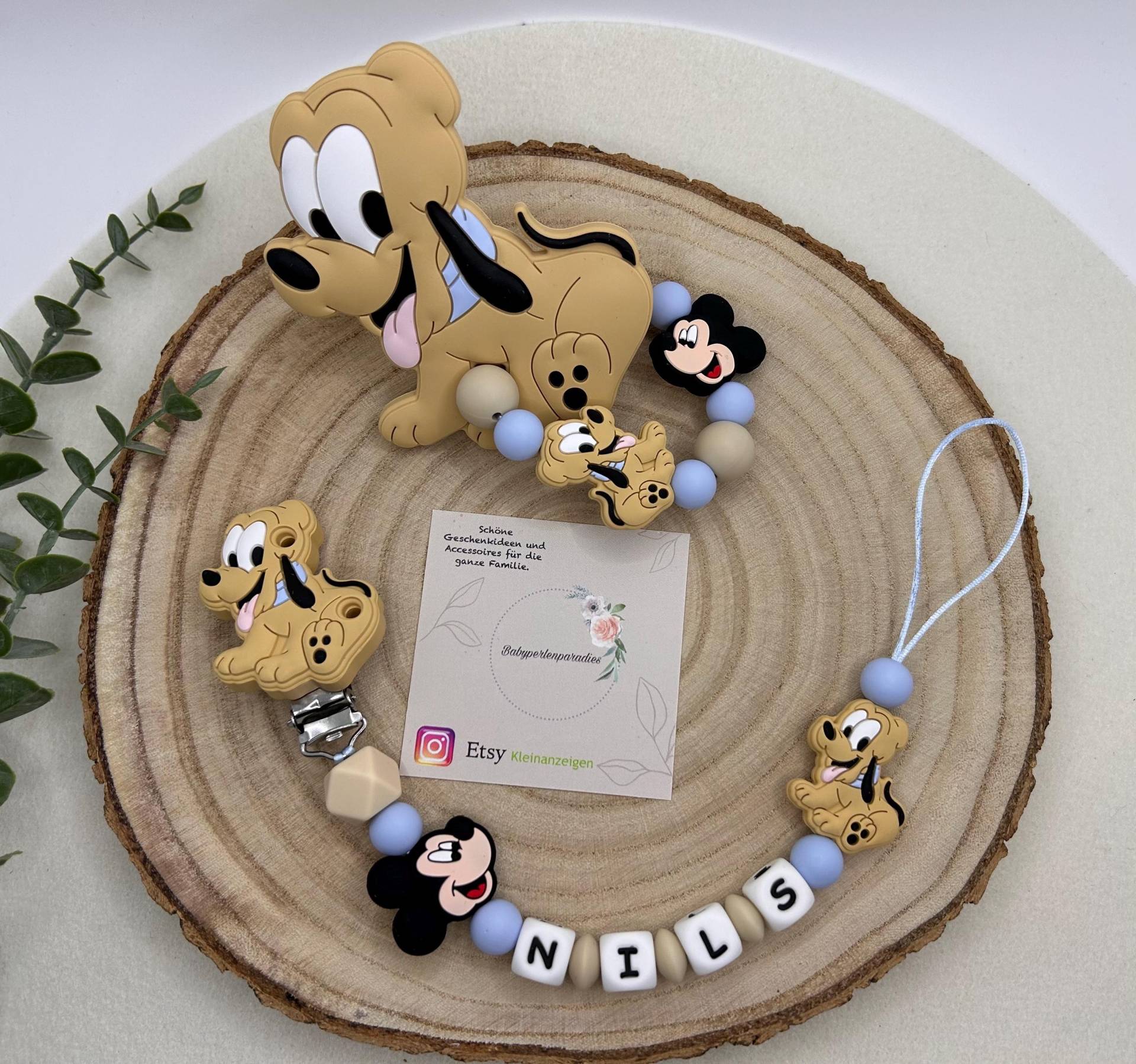 Schnullerketten Set, Personalisierte Schnullerkette, Greifring, Pluto, Hund, Bester Freund, Baby Geschenk von Etsy - Babyperlenparadies