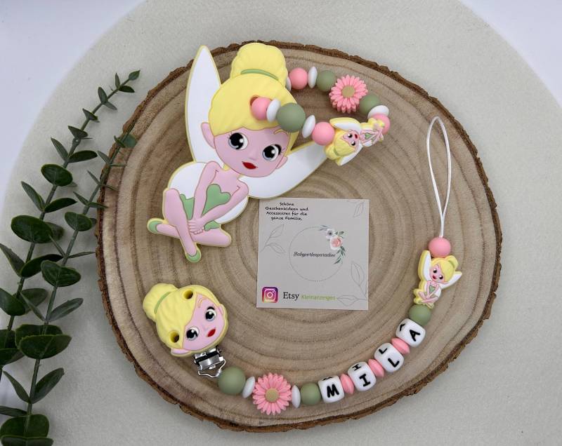 Tinkerbell, Set, Personalisierte Schnullerkette, Greifring, Silikon Für Babys, Blume, Peter Pan von Etsy - Babyperlenparadies