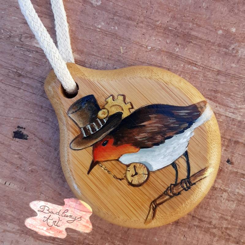 Handbemalter Holzspiegel - Steampunk Robin von Etsy - Badlungsart