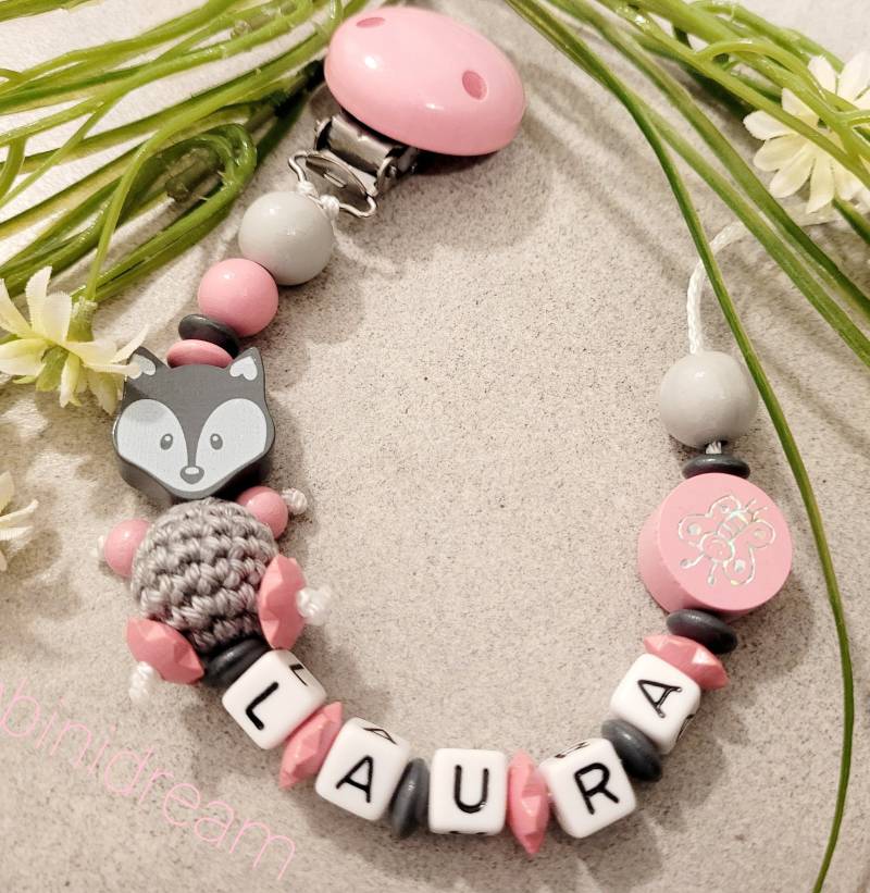 Schnullerkette Personalisiert Fuchs Rosa Grau|Baby Geschenk| Personalisiertegeschenke |Baby |Geburt von Etsy - Bambinidream