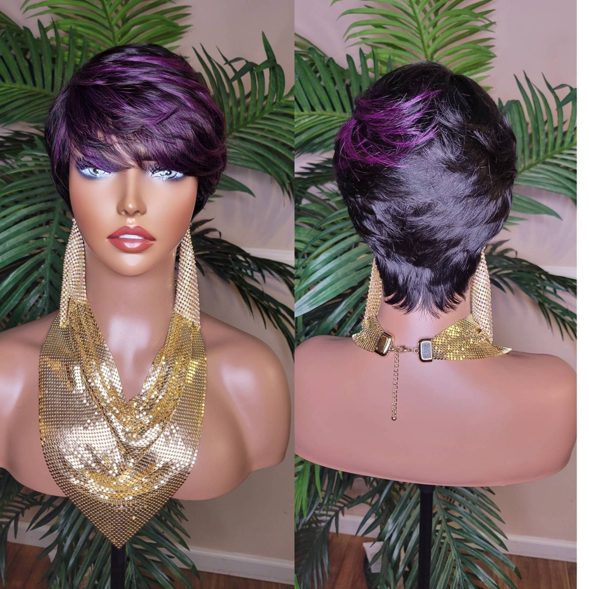 Lila Haar Perücke Swoop Bang Pixie Cut Remy 100% Human Hair Wig Kurze Frisur Farbige Glueless Perücke von Etsy - Beautyblessings6