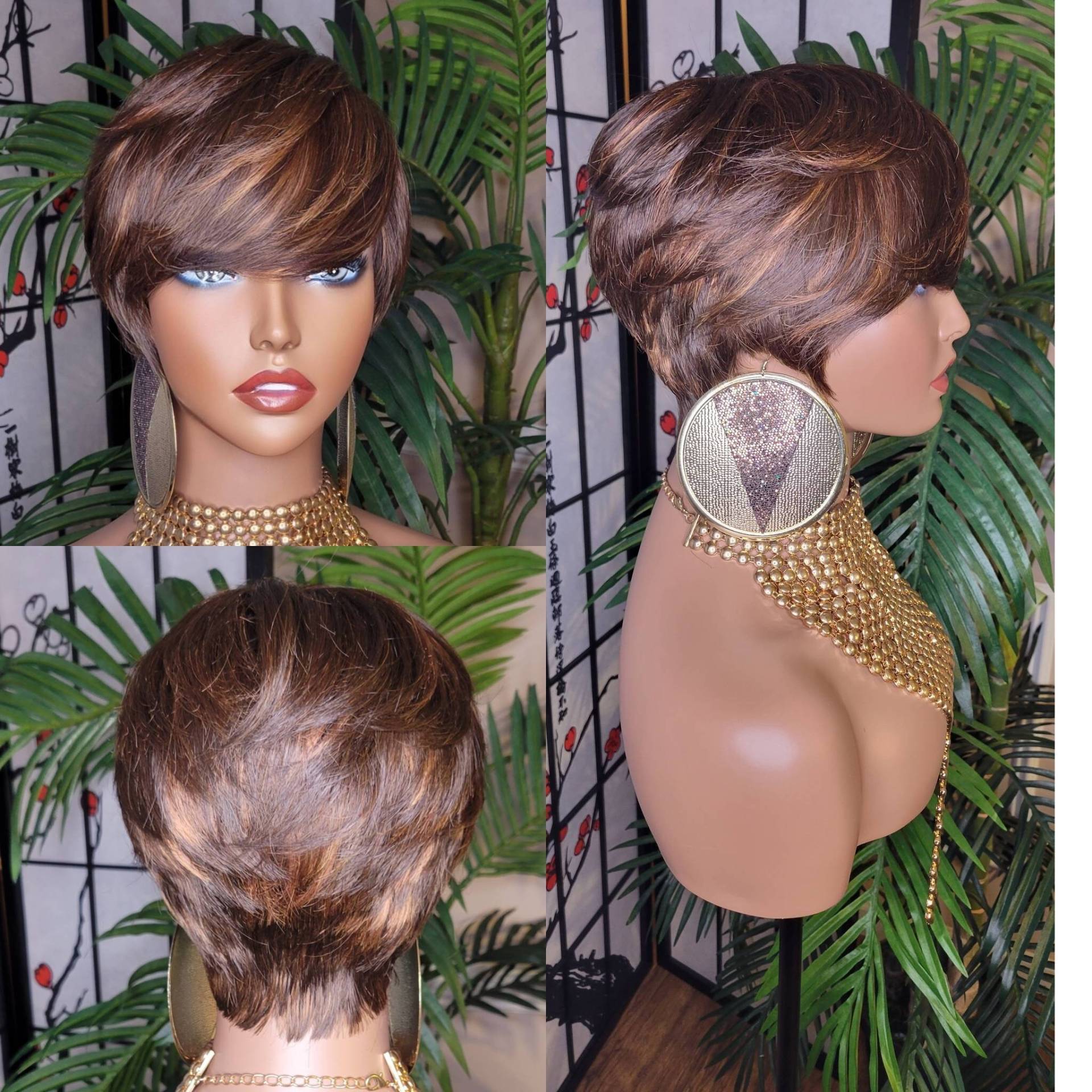 Perücke Braun, Kastanienbraun Farbiges Haar Pixie Cut Swoop Bang Short Style Layered Hair von Etsy - Beautyblessings6