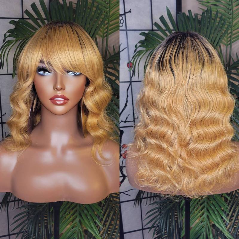 Tiefwelliges Haar Erdbeerblond Remy 100% Echthaar Perücke Wellenförmiges Swoop Bang Vollkappen-Perücke Bunthaar von Etsy - Beautyblessings6