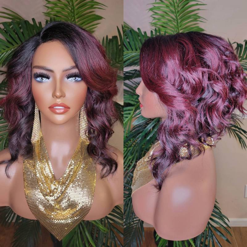 Perücke Bob Stil Lockere Welle Pre-Cut Lace Prepucked Swoop Bang Hair Ombre Burgund Dunkle Weinpflaume Farbe von Etsy - Beautyblessings6