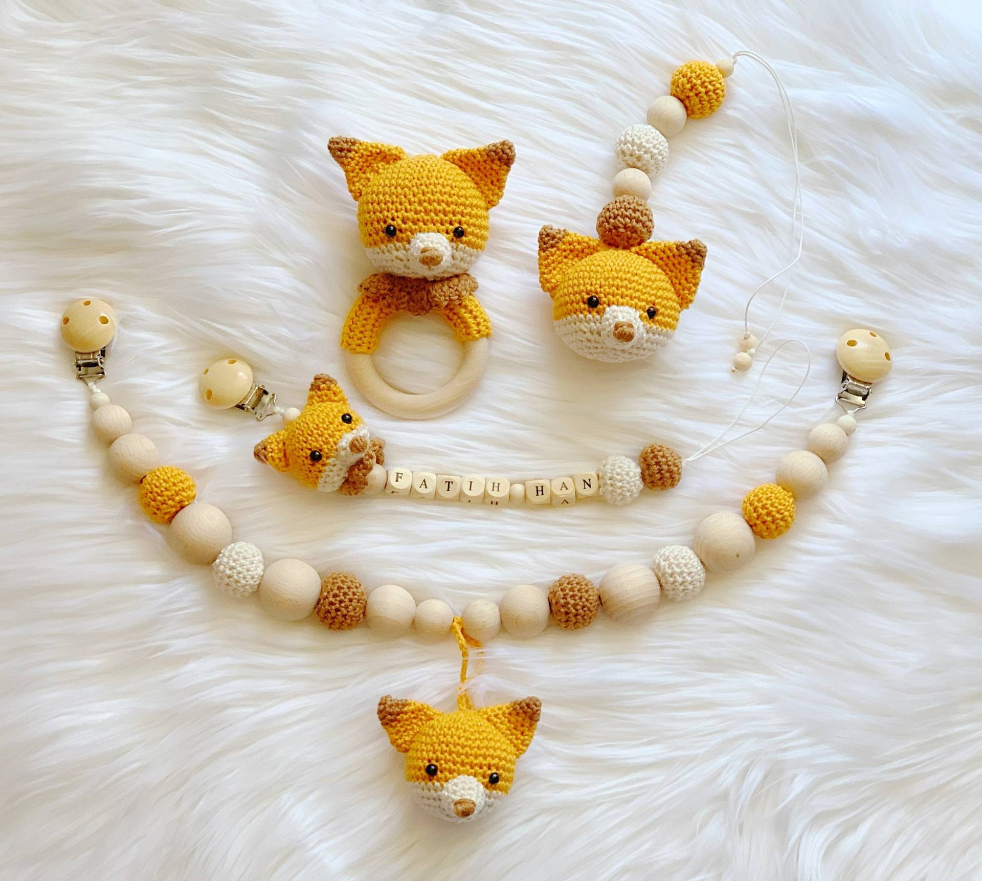 Baby Geschenk Häkel Set Amigurumi Schnullerhalter Schnullerclip Schnullerkette Kinderwagenkette Fuchs von Etsy - BestLovelythings