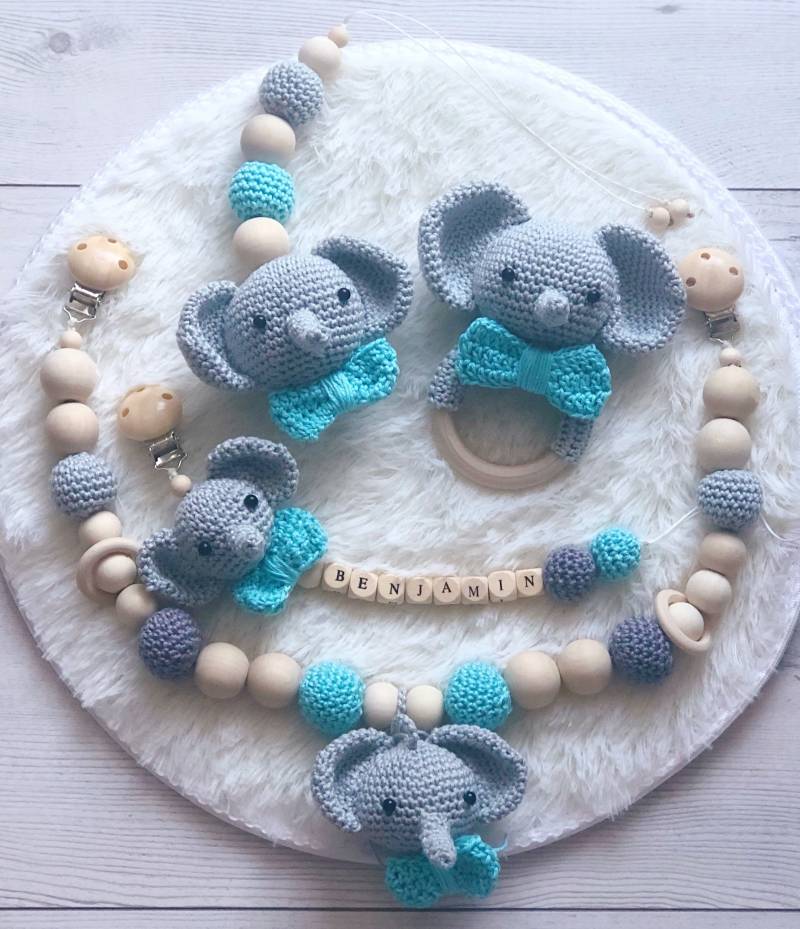 Baby Geschenk Häkel Set Schnullerhalter-Clip Rassel Greifling Schnullerkette Kinderwagenkette Elefant von Etsy - BestLovelythings