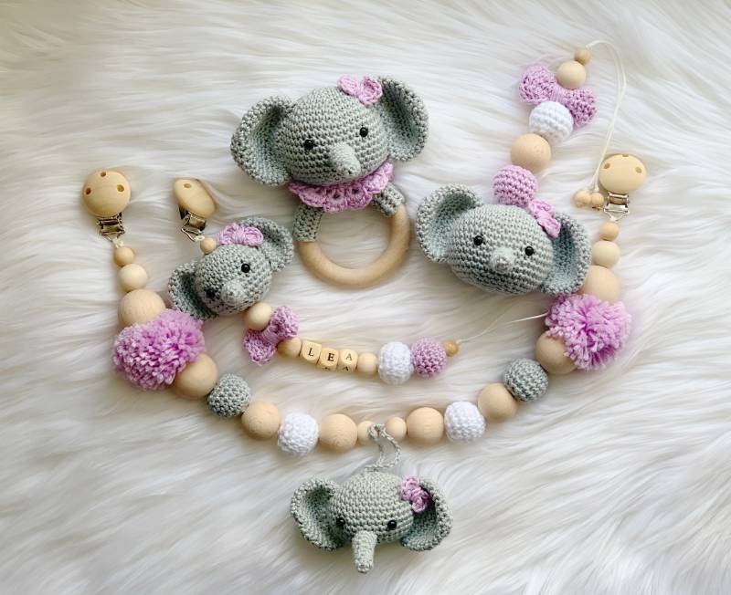 Baby Geschenk Häkel Set Schnullerhalter-Clip Rassel Greifling Schnullerkette Kinderwagenkette Elefant von Etsy - BestLovelythings