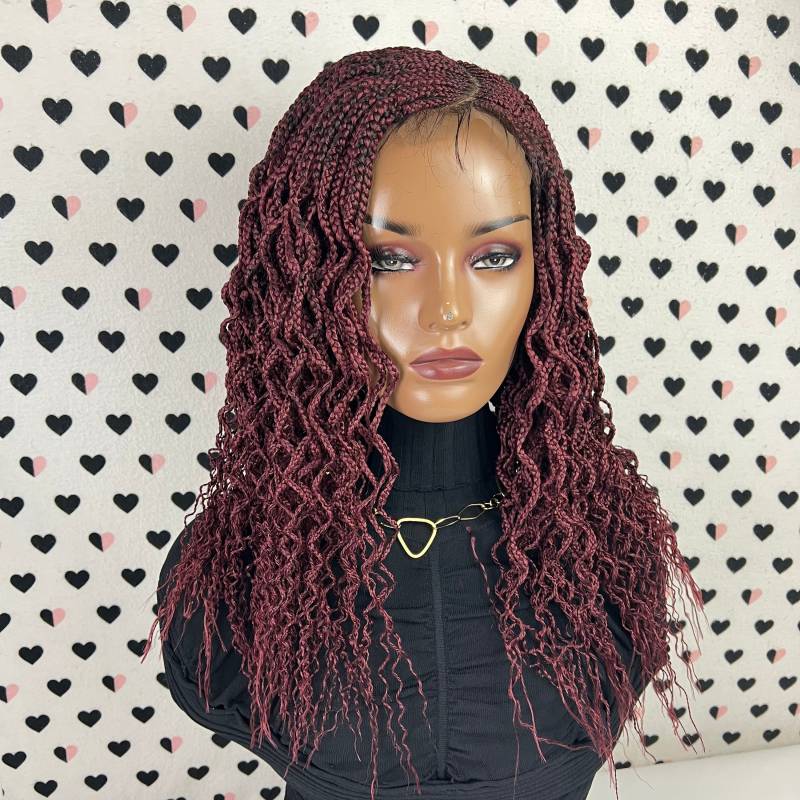 Cornrows Curly Box Geflochtene Perücken Für Schwarze Frauen Spitze Verschluss Perücke Göttin Boho Braid Burgund Rot 16 Zoll von Etsy - BraidsLaceWig