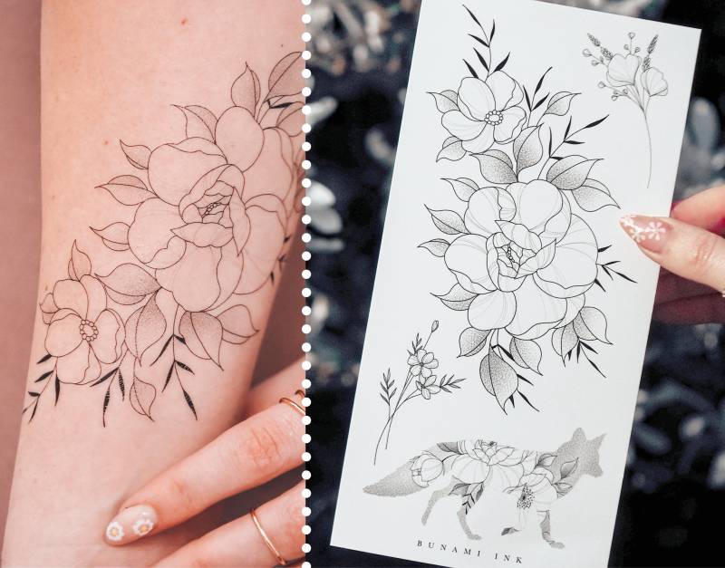 Temporäre Tattoos 4 Fuchs Wildblumen Pfingstrosen Sträußchen Florale Silhouette von Etsy - BunamiInk