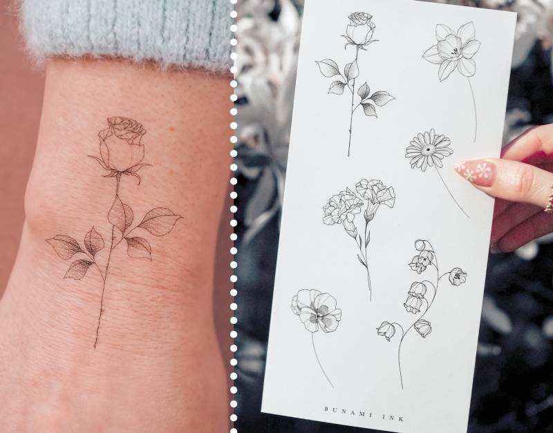 Temporäre Tattoos 6 Geburtsblumen Januar-Juni Rose Narzisse Gänseblümchen Nelke Schneeglöckchen Veilchen von Etsy - BunamiInk