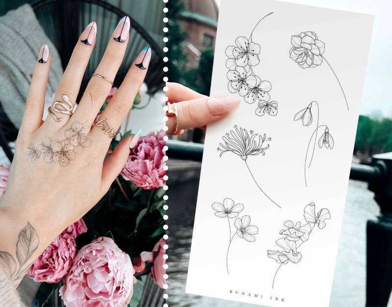 Temporäre Tattoos 6 Geburtsblumen Januar-Juni Schneeglöckchen Primel Jonquille Zuckererbse Weißdorn Heckenkirsche von Etsy - BunamiInk