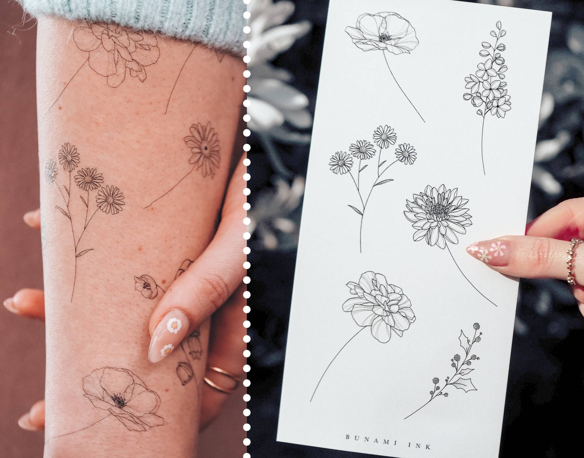 Temporäre Tattoos 6 Geburtsblumen Juli-Dezember Mohnblume Rittersporn Aster Chrisanthemum Ringelblume | Marigold Stechpalme | Holly Flower von Etsy - BunamiInk