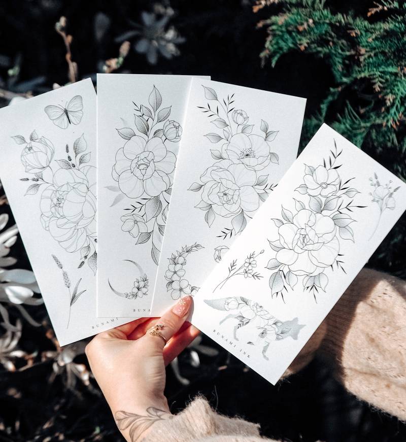 Temporäre Tattoos Big Peony Set | 4× Pfingstrosen Monde Schmetterling von Etsy - BunamiInk