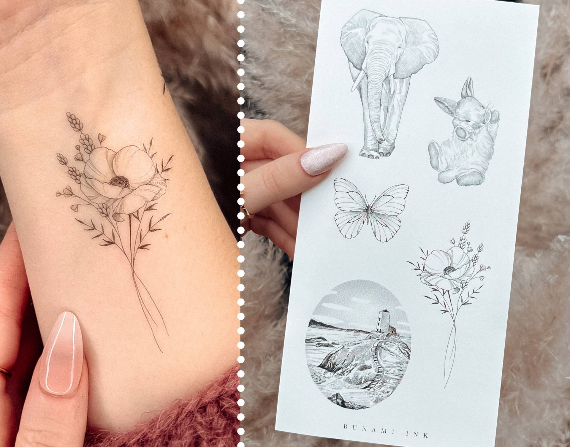 Temporäre Tattoos Elefant Häschen Leuchtturm Landschaft Meer Schmetterling Bouquet von Etsy - BunamiInk