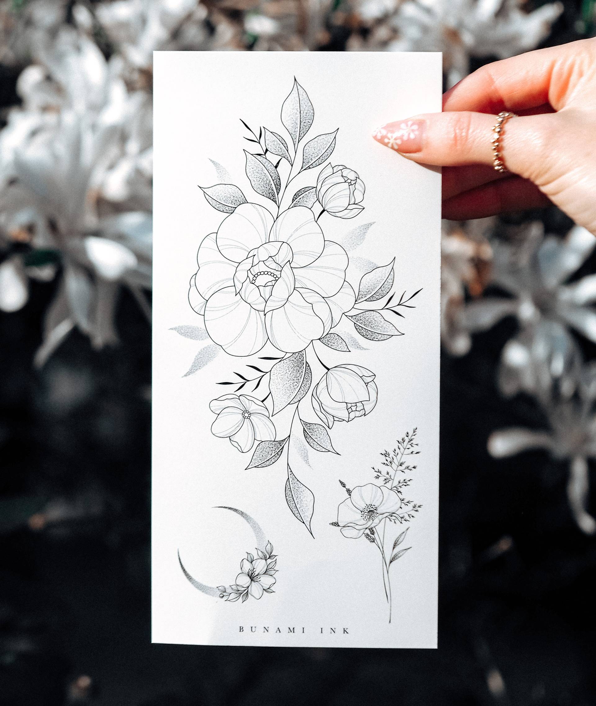 Temporäre Tattoos Kleines Florales Sträusschen Pfingstrose Wildblumen Mond Sichel von Etsy - BunamiInk