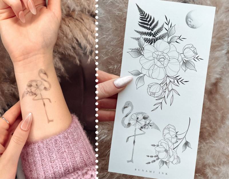 Temporäre Tattoos Pfingstrose Mit Farn Floraler Flamingo Mohnblume Lavendel Zweig von Etsy - BunamiInk