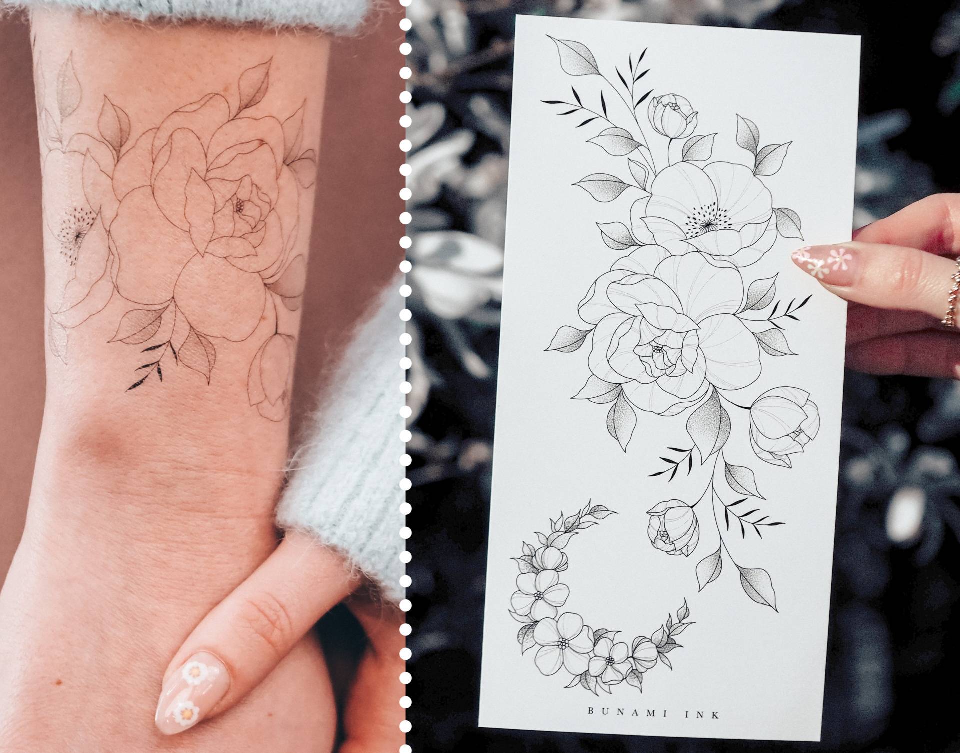 Temporäre Tattoos Pfingstrose Mond Mohnblume Floraler Wildblumen Armband Halbmond von Etsy - BunamiInk