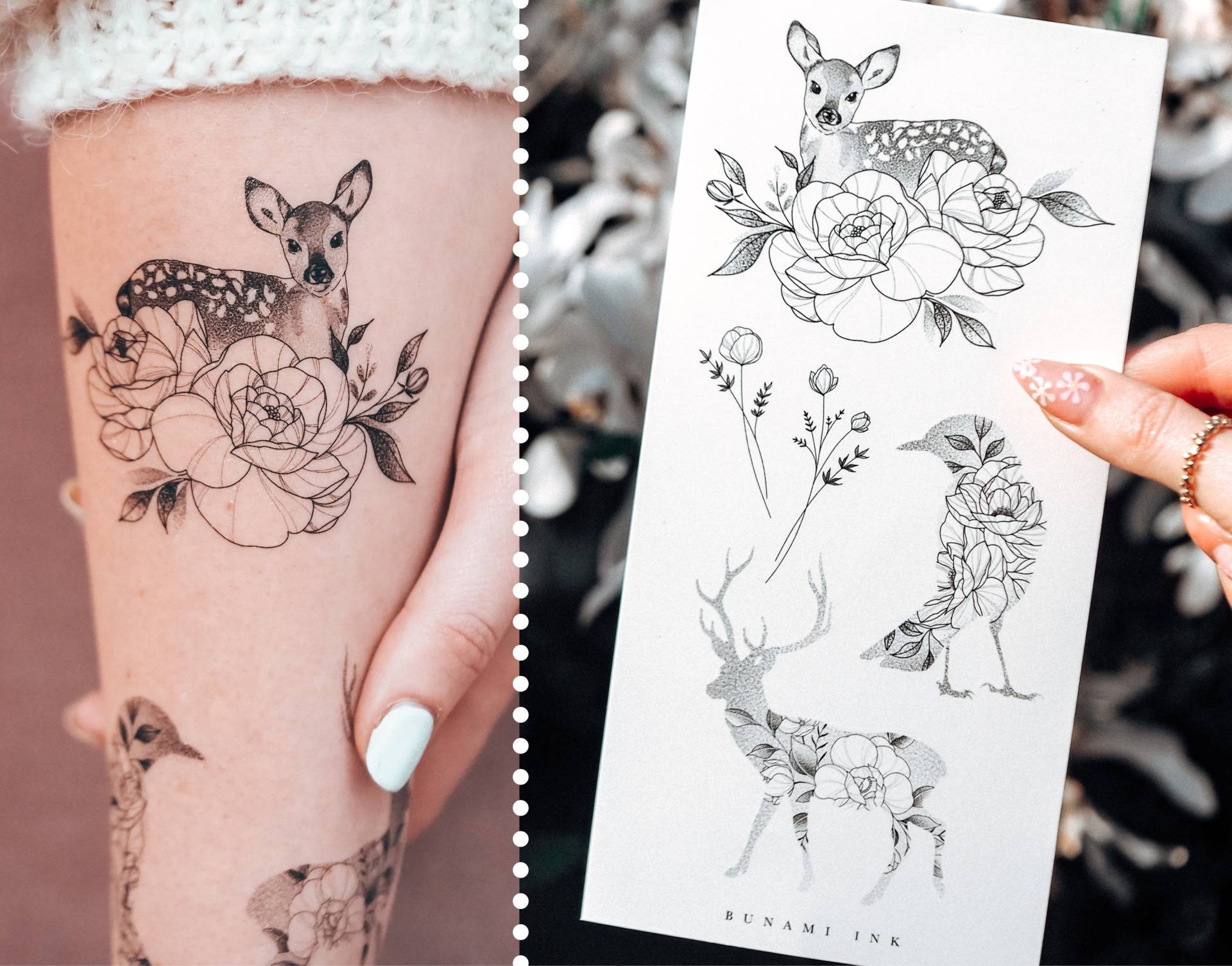 Temporäre Tattoos Tiere Vogel Reh Hirsch Wilde Florale von Etsy - BunamiInk