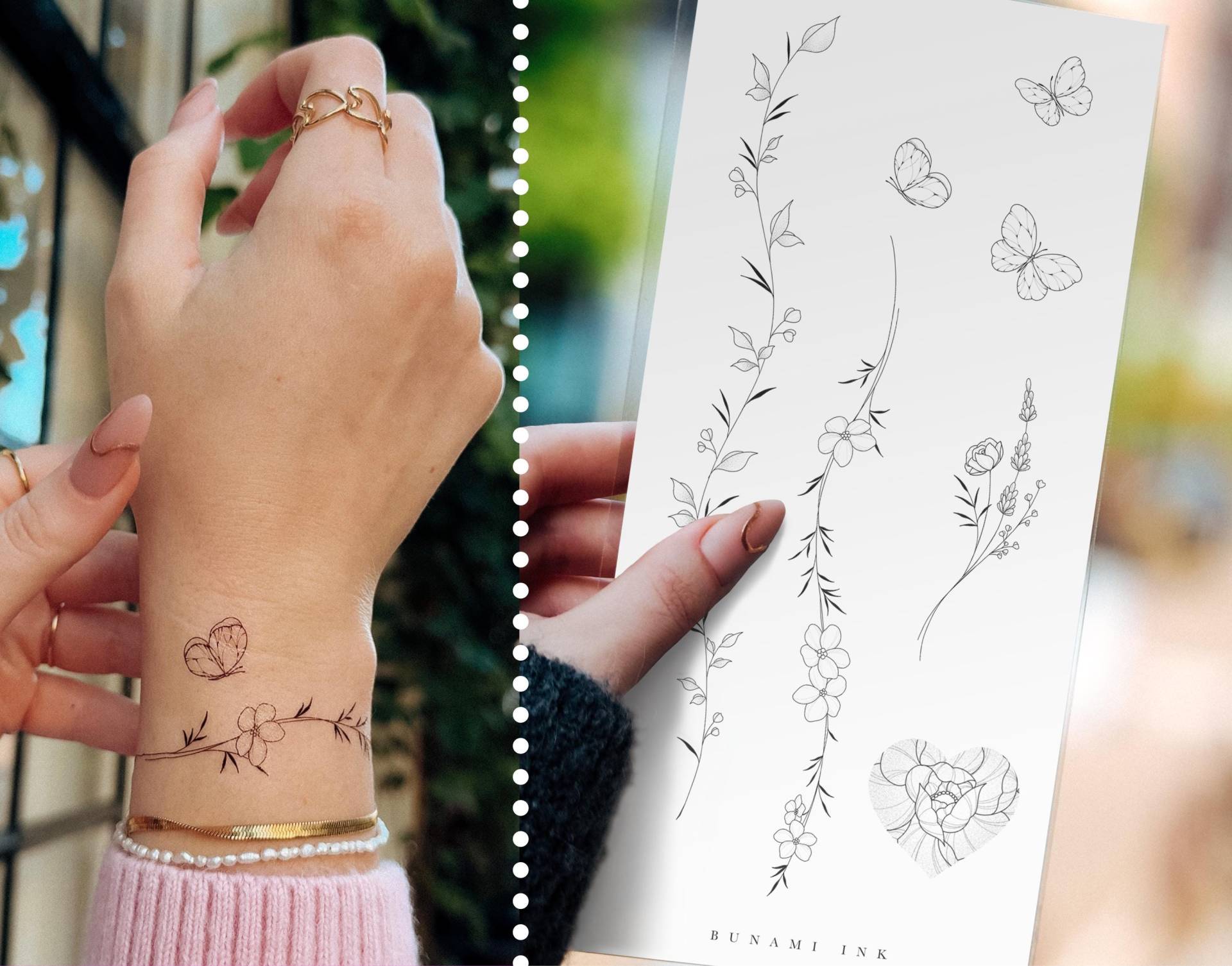 Temporäre Tattoos Vergissmeinnicht-Armband, Florale Armbänder, Schmetterling, Schmetterlinge, Pfingstrose, Herzform von Etsy - BunamiInk