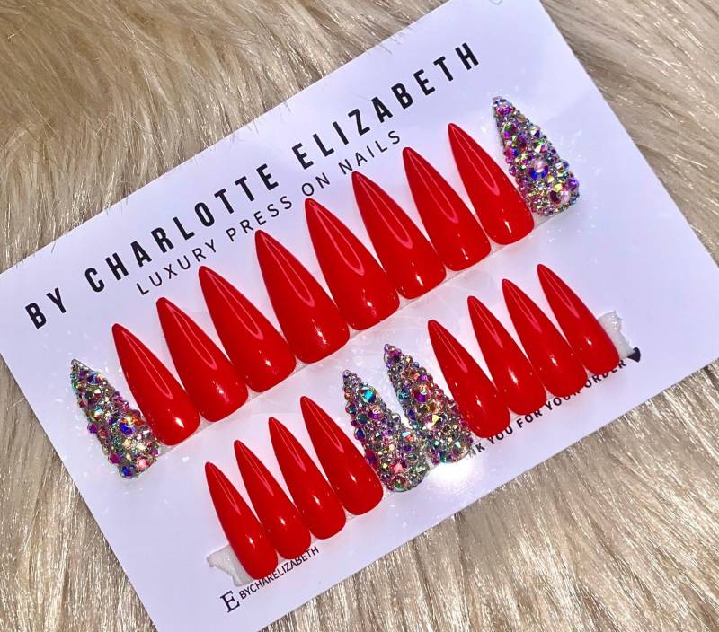 Rote Stiletto Falsche Nägel, Strass Volles Set, Keine Maße, Lange Rote Nägel von Etsy - ByCharElizabeth