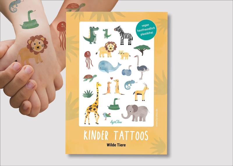 Kindertattoos "Wilde Tiere, Safari, Afrika"/Temporäre Klebetattoos 20 Liebevoll Illustrierte Motive Vegan, Hautfreundlich, Plastikfrei von Etsy - ByClou