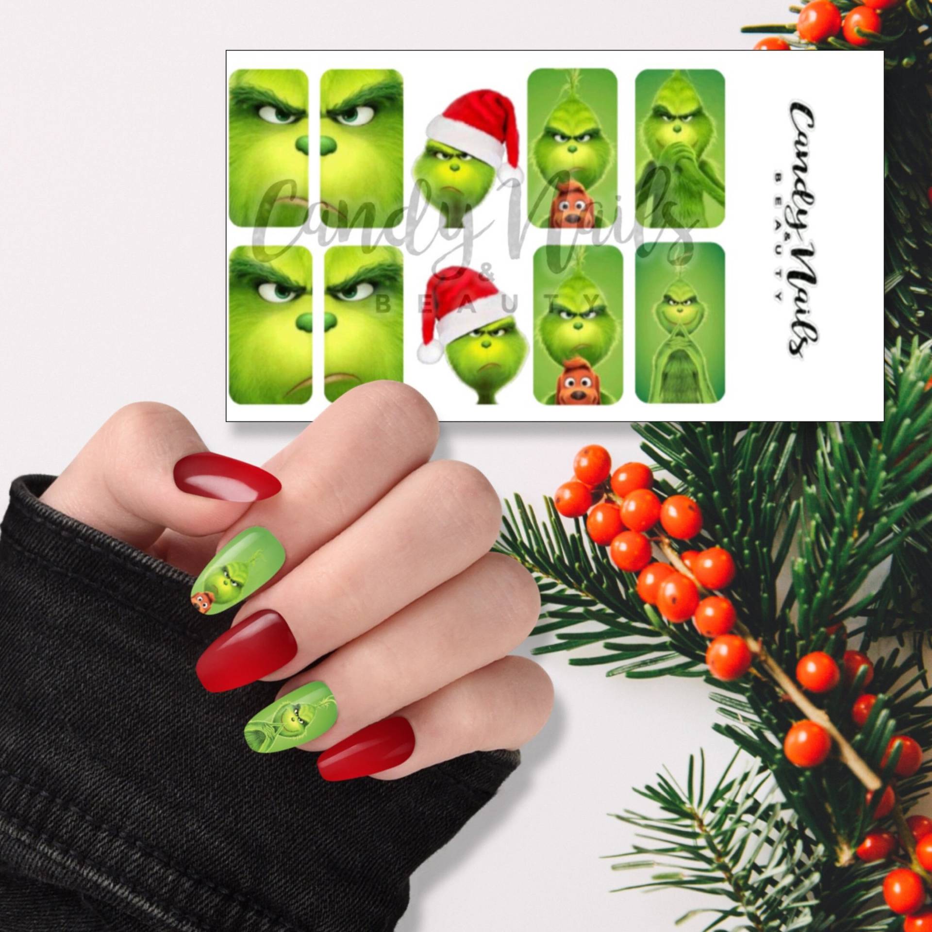 Wassertattoo Slide Art Nägel Transferiert Weihnachten Grinsend Grün Nageldesign Festlich Eins Niedliche Inspiration von Etsy - CandyNailsUk