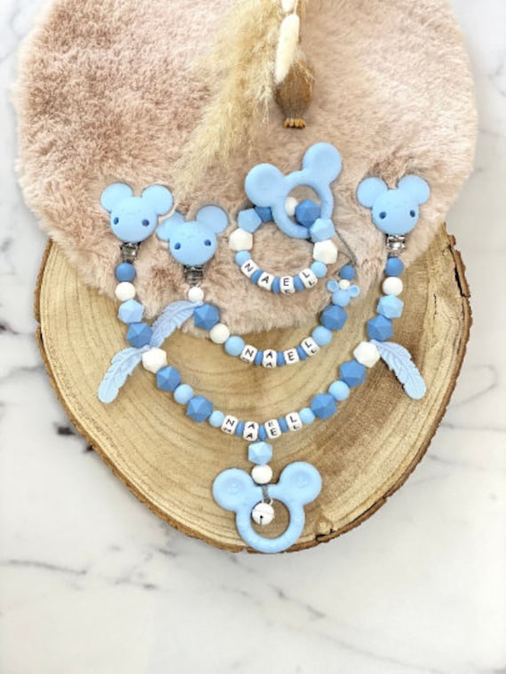 Schnullerkette Mit Name Kinderwagenkette Greifling Set Maus Junge Blau von Etsy - ChriluzaShop