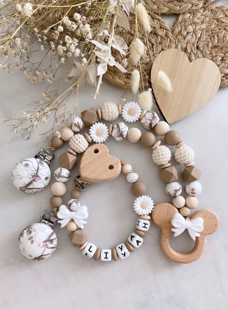 Schnullerkette Mit Name Kinderwagenkette Personalisiert Mädchen Maus Naturtöne von Etsy - ChriluzaShop