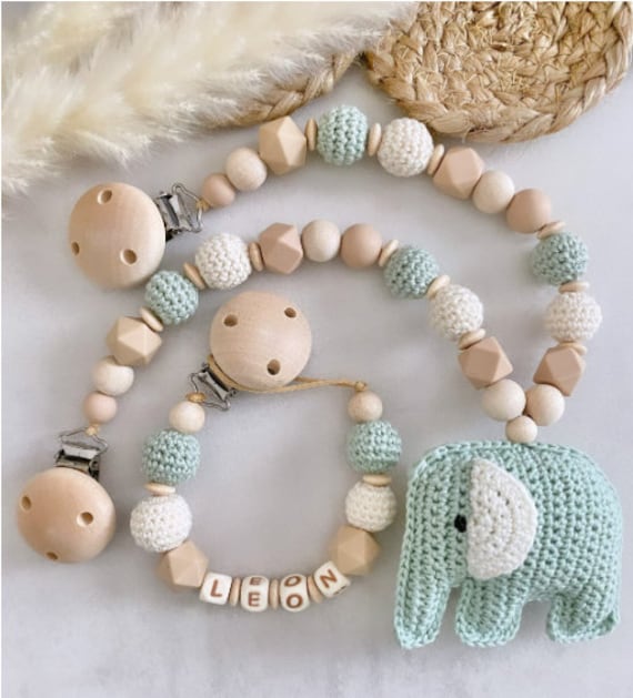 Schnullerkette Mit Name Kinderwagenkette Set Elefant Gehäkelt von Etsy - ChriluzaShop