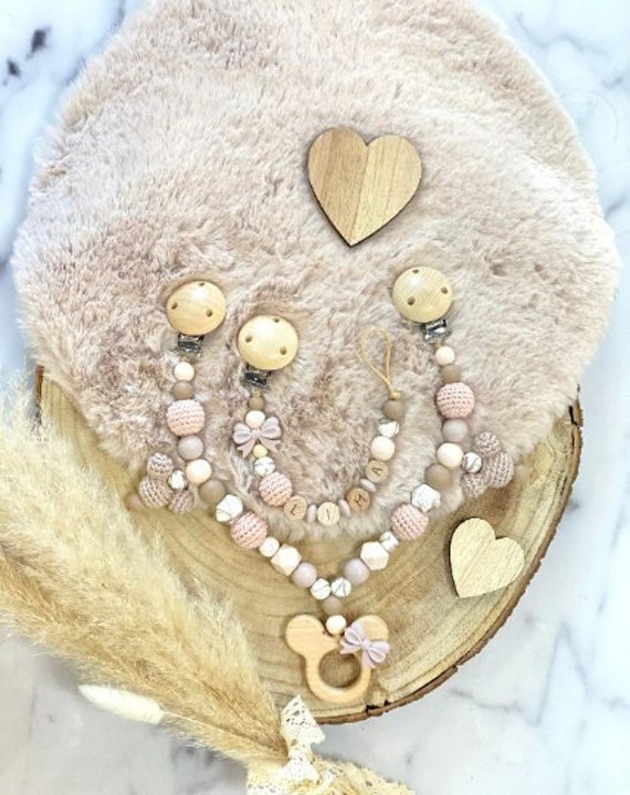 Schnullerkette Mit Name Kinderwagenkette Set Mädchen Personalisiert Mickey Maus Schleife Holz Rosa Silikon von Etsy - ChriluzaShop