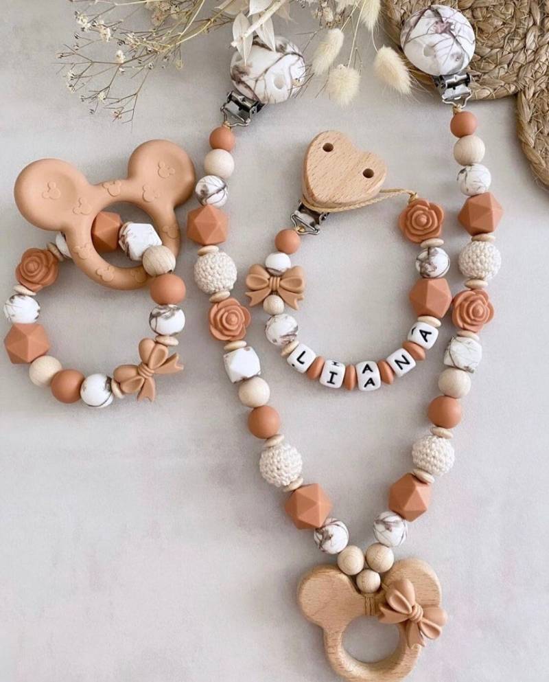 Schnullerkette Mit Name Kinderwagenkette Set Mädchen Personalisiert Mickey Maus Schleife Holz Silikon von Etsy - ChriluzaShop