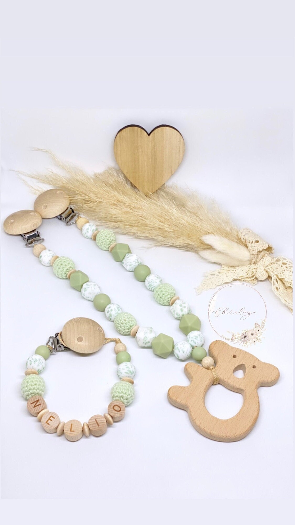 Schnullerkette Mit Name Kinderwagenkette Set Mädchen Personalisiertes Eukalyptus Grün Silikon Holz Junge Koala Tieranhänger von Etsy - ChriluzaShop