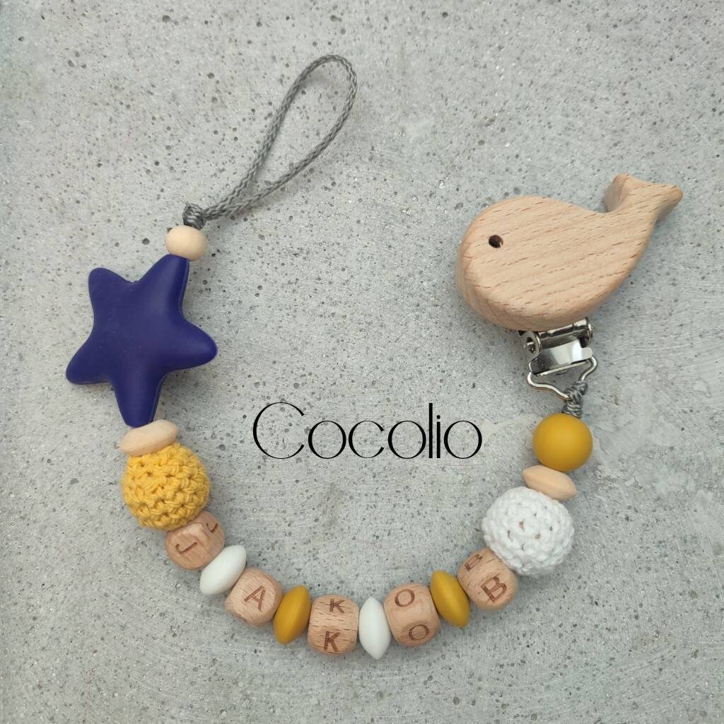 Schnullerkette Personalisiert Blau/Weiß/Senfgelb von Etsy - CocolioHandmade