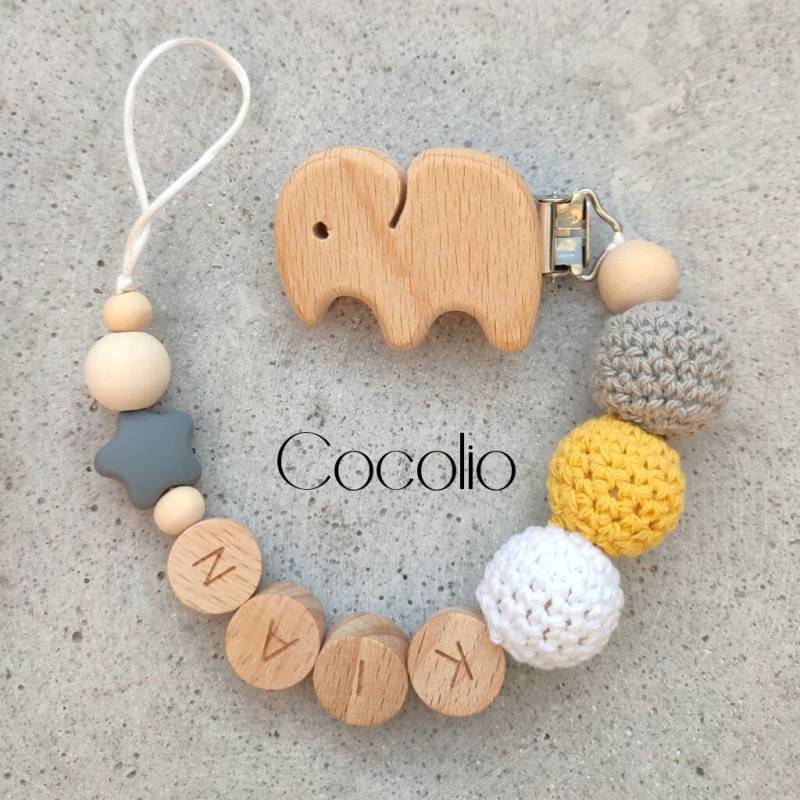 Schnullerkette Personalisiert Grau Weiß Gelb von Etsy - CocolioHandmade