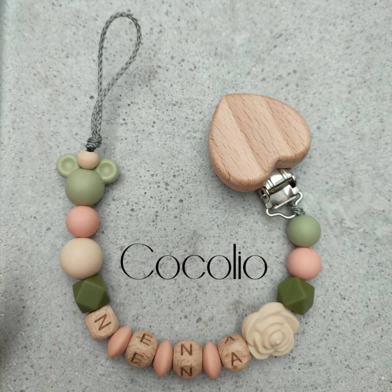 Schnullerkette Personalisiert Grün-Beige-Apricot von Etsy - CocolioHandmade