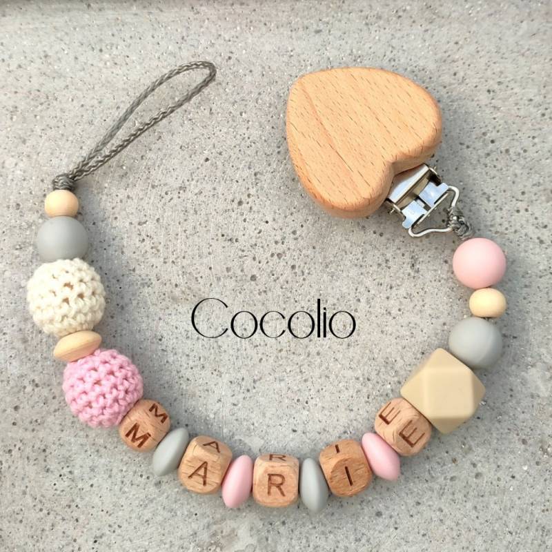 Schnullerkette Personalisiert Rosa-Grau von Etsy - CocolioHandmade