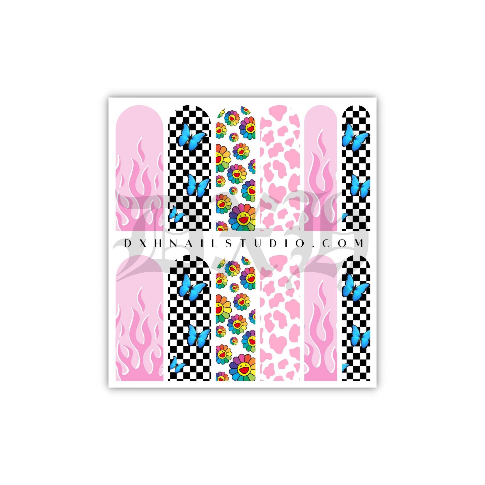 Unentschlossen Mix Match Design Pink Flame Smiley Nail Decals - Xl Wraps Wassertransfer Karierter Schmetterling Nagel Zubehör von Etsy - DXHNAILCO